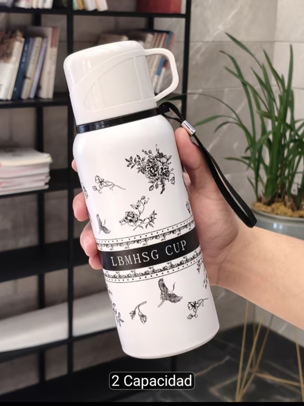 White Floral Insulated Thermal Bottle - Gardenia Print